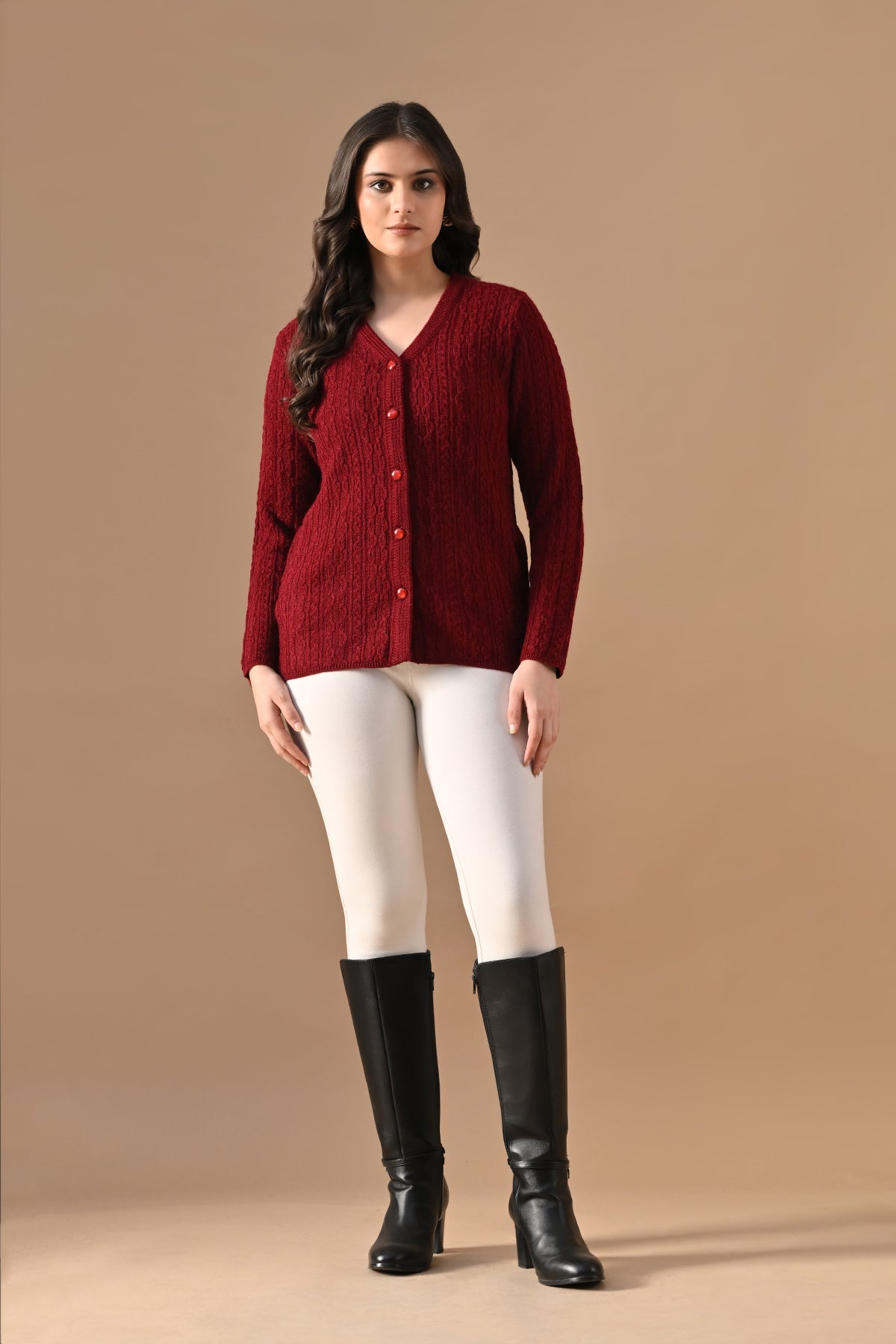 Winter Maroon Knitted V-Neck Cardigan