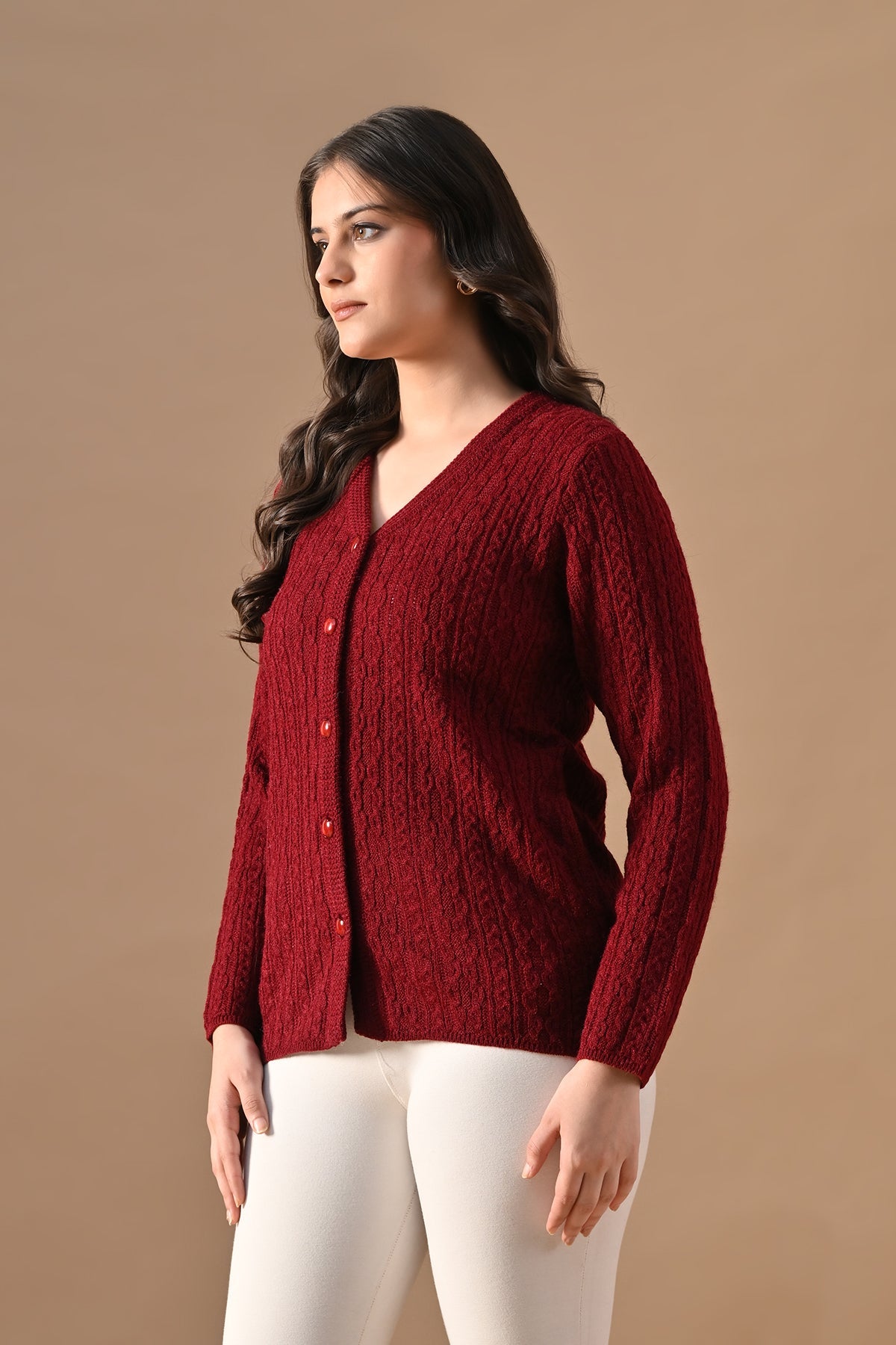 Winter Maroon Knitted V-Neck Cardigan