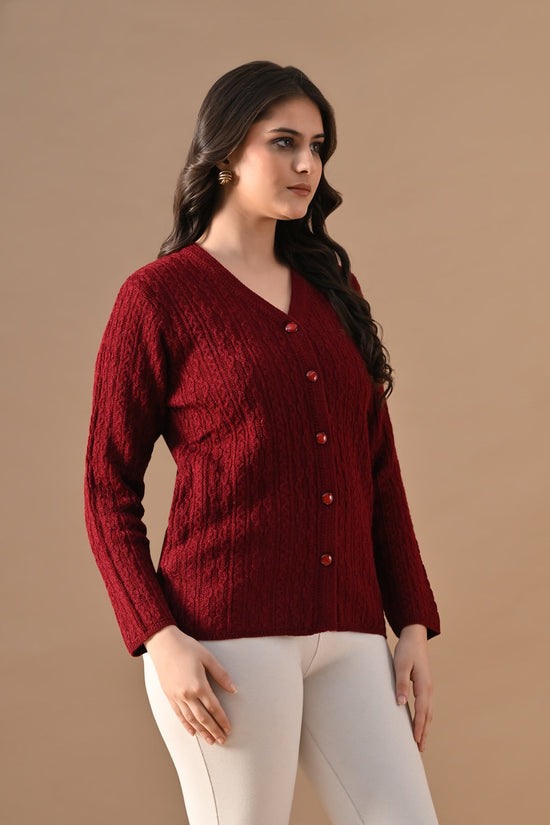 Winter Maroon Knitted V-Neck Cardigan