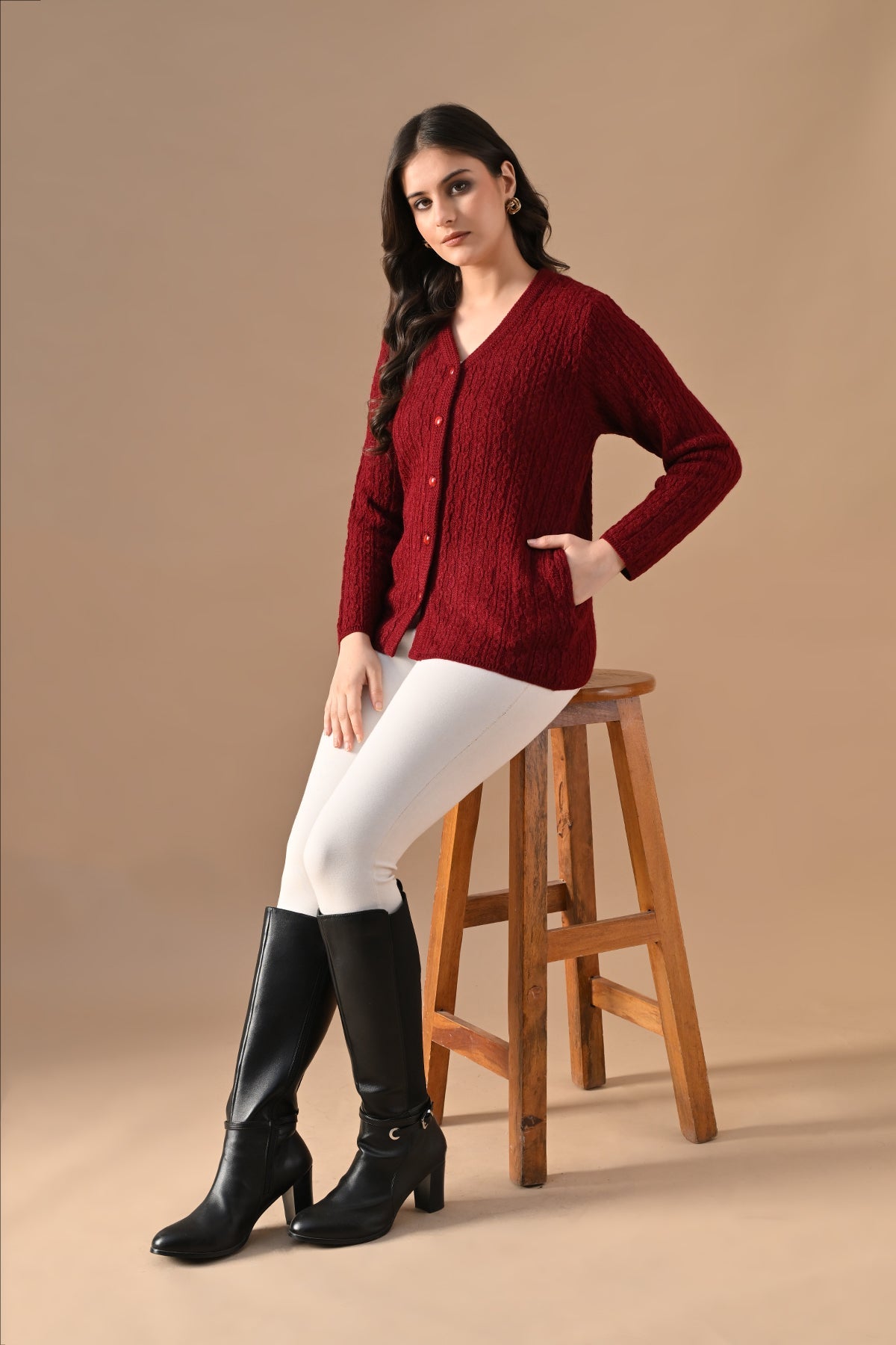 Winter Maroon Knitted V-Neck Cardigan