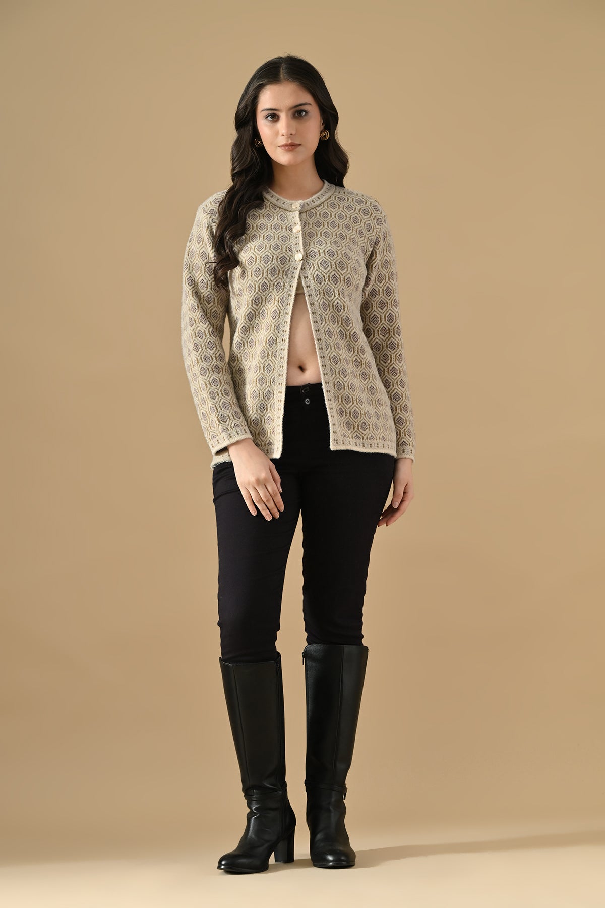 Winter Fawn Woven Mandarin Collar Cardigan