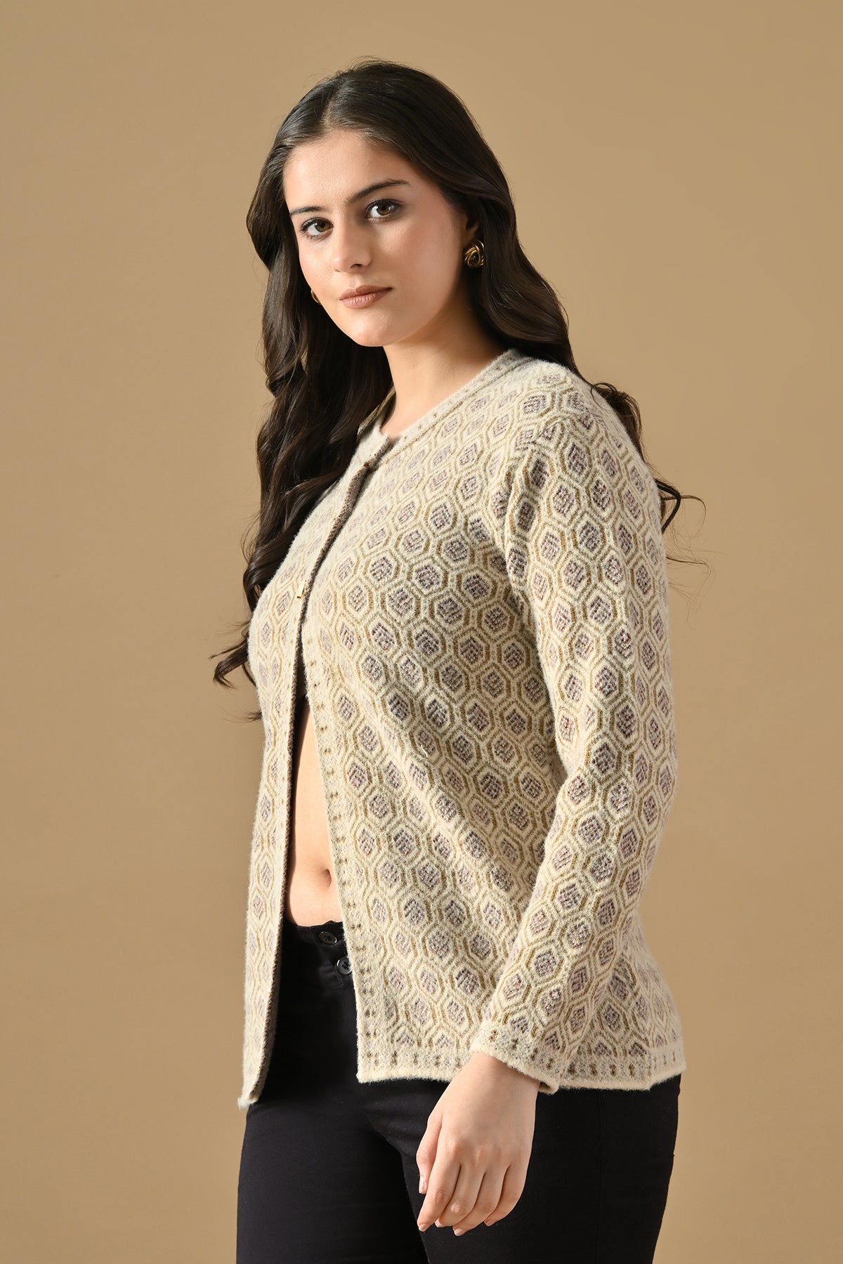Winter Fawn Woven Mandarin Collar Cardigan