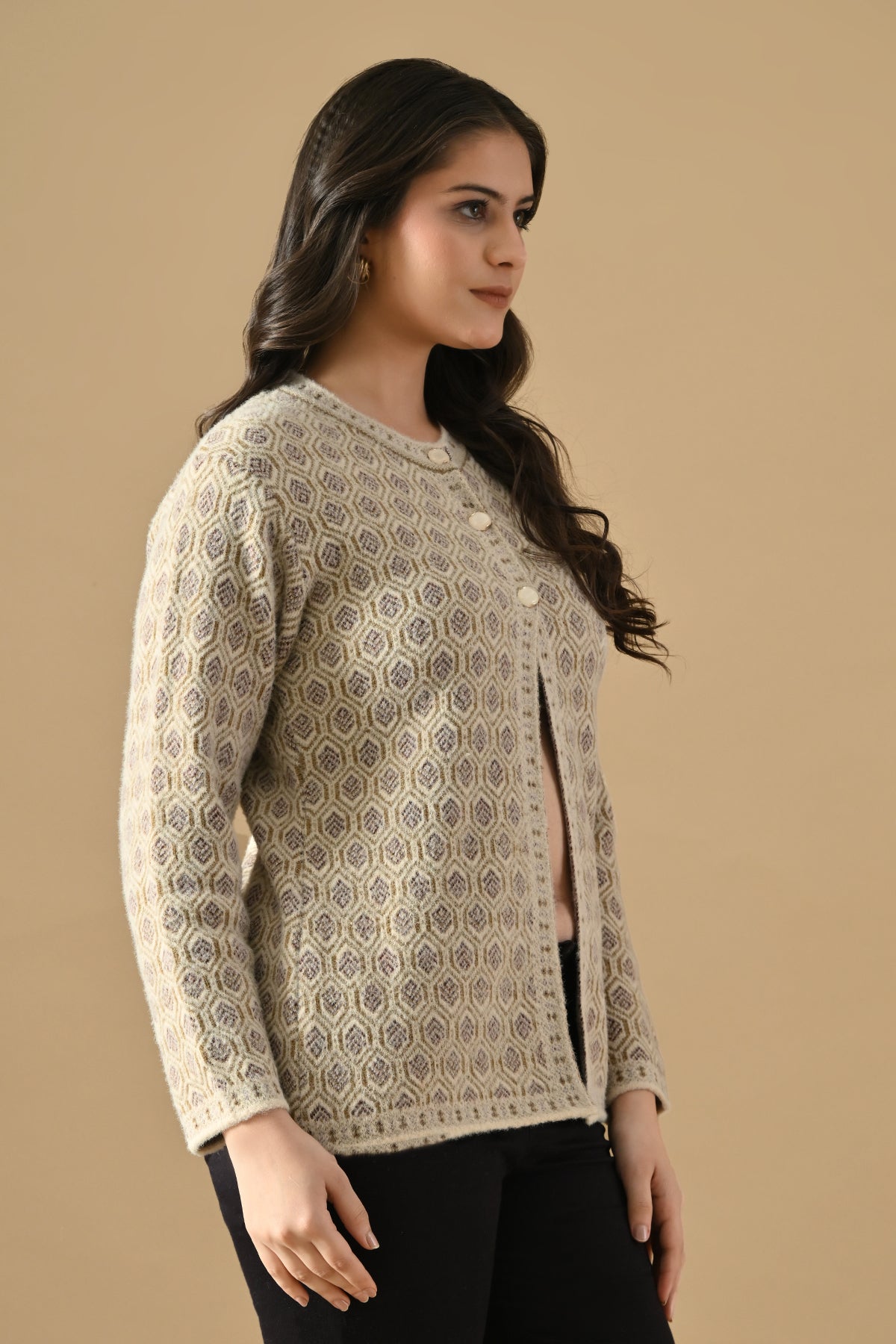 Winter Fawn Woven Mandarin Collar Cardigan