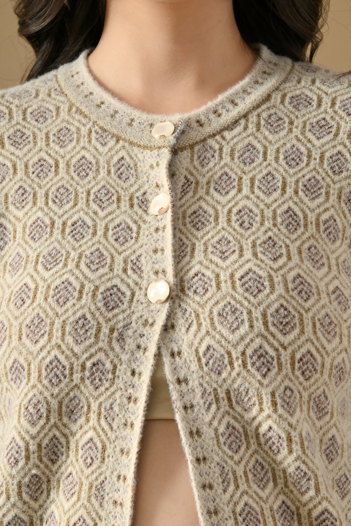 Winter Fawn Woven Mandarin Collar Cardigan