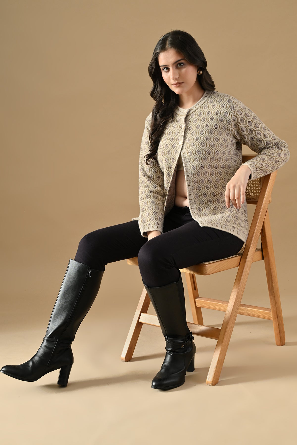 Winter Fawn Woven Mandarin Collar Cardigan