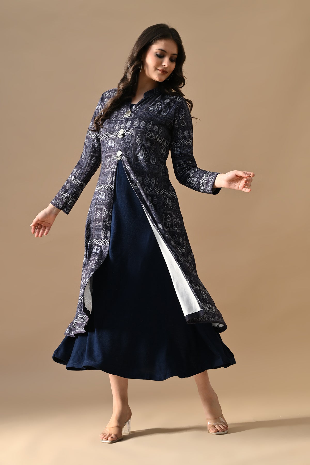 Winter Blue Printed Inner Shrug Set