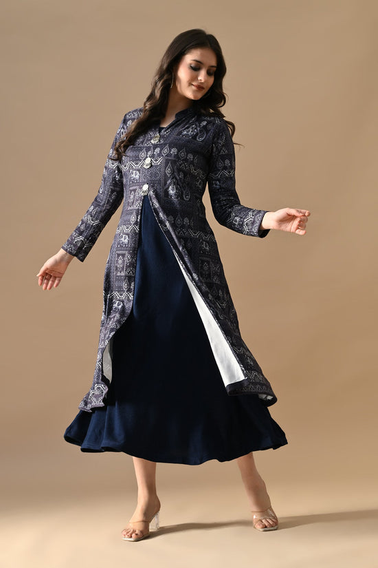 Winter Blue Printed Inner Shrug Set