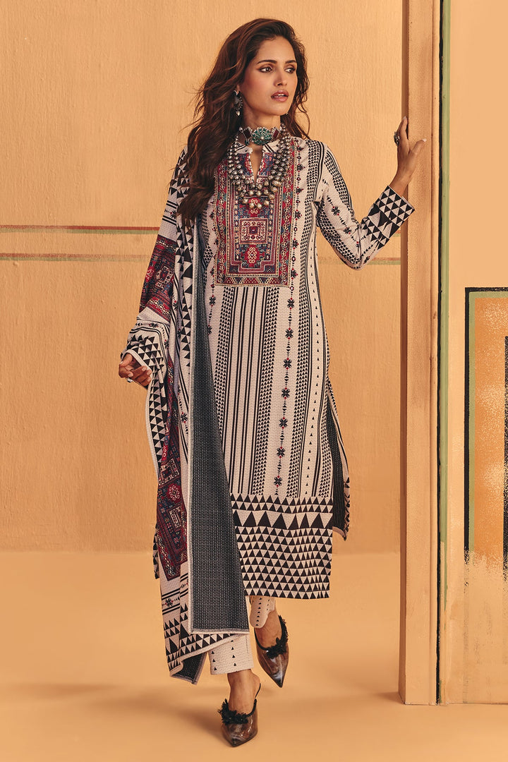 Winter Off White Zari Embroideredred Printed Velvet Kurta Set