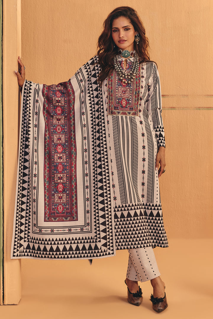 Winter Off White Zari Embroideredred Printed Velvet Kurta Set