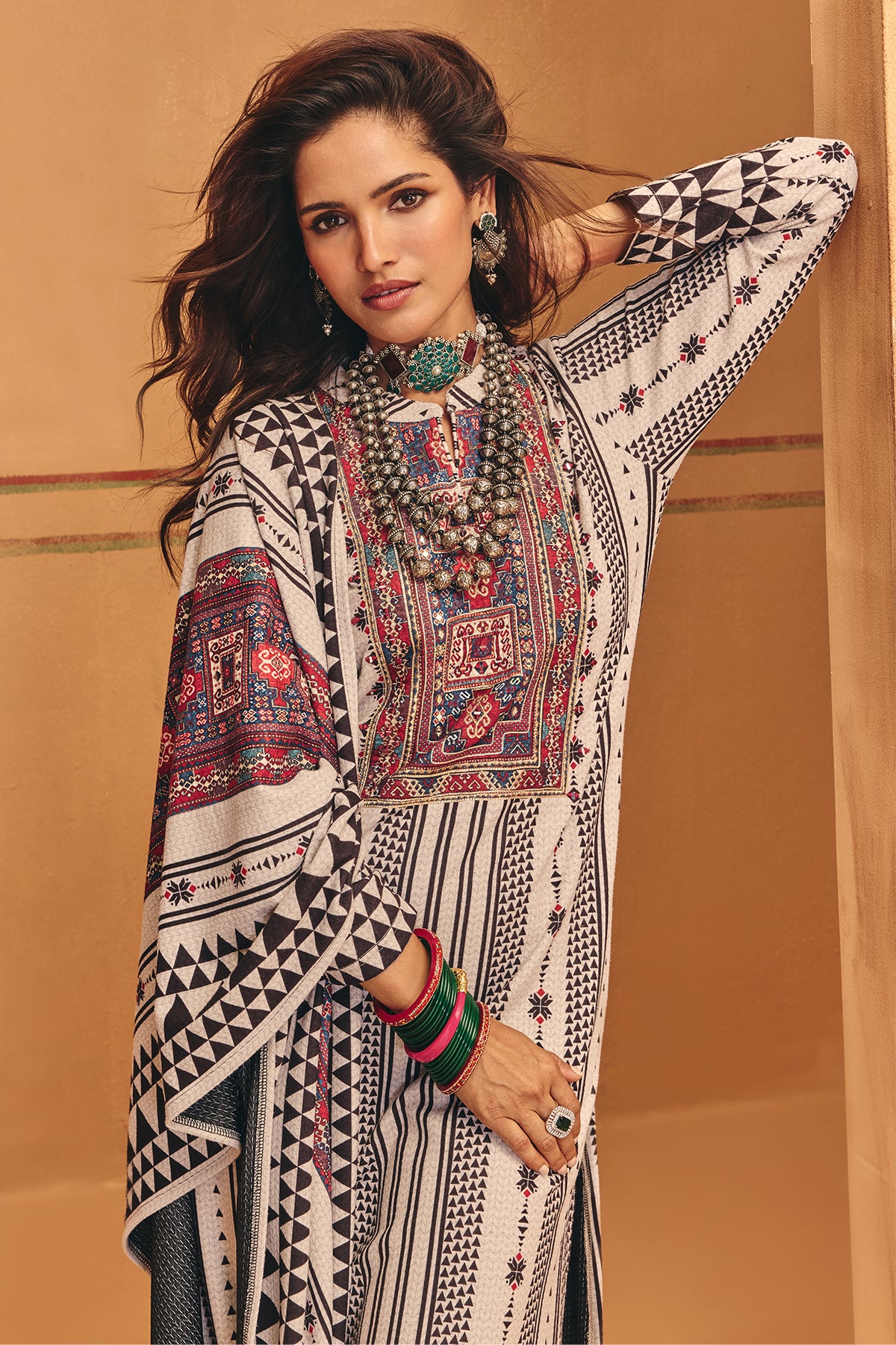 Winter Off White Zari Embroideredred Printed Velvet Kurta Set