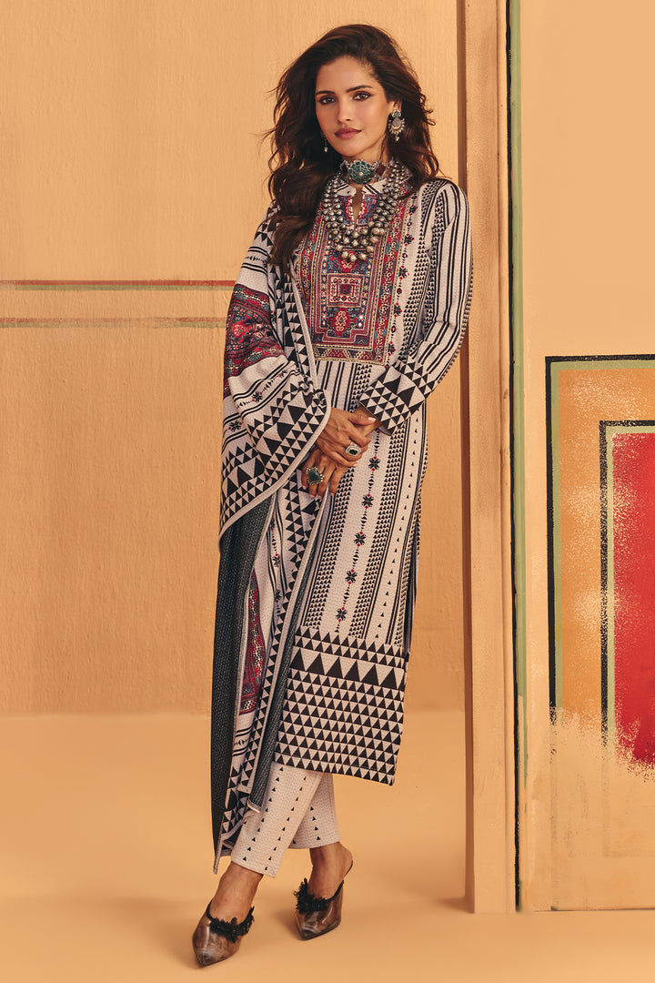 Winter Off White Zari Embroideredred Printed Velvet Kurta Set
