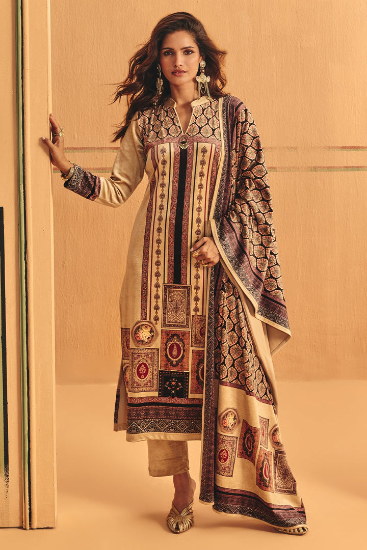 Winter Fawn Printed Velvet Kurta Set