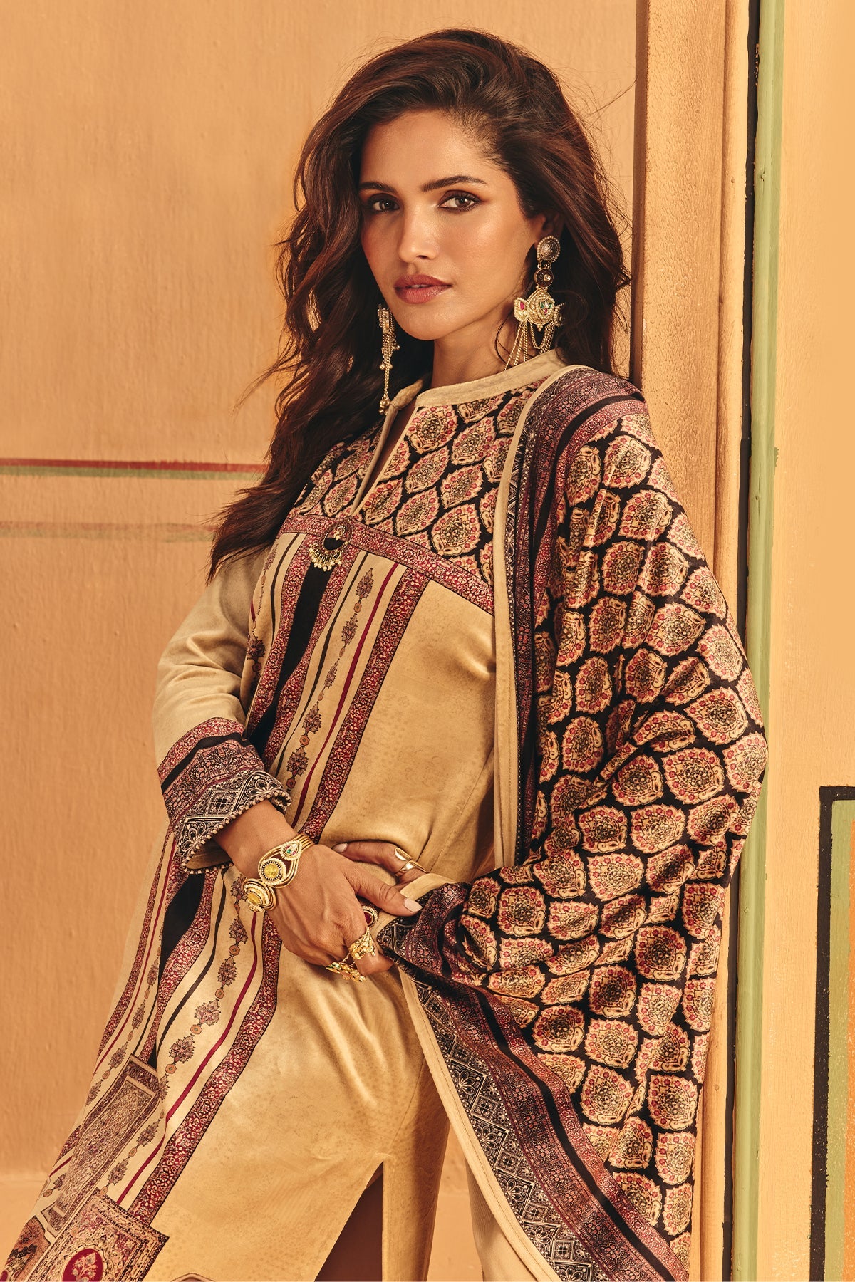 Winter Fawn Printed Velvet Kurta 3 Pcs Set