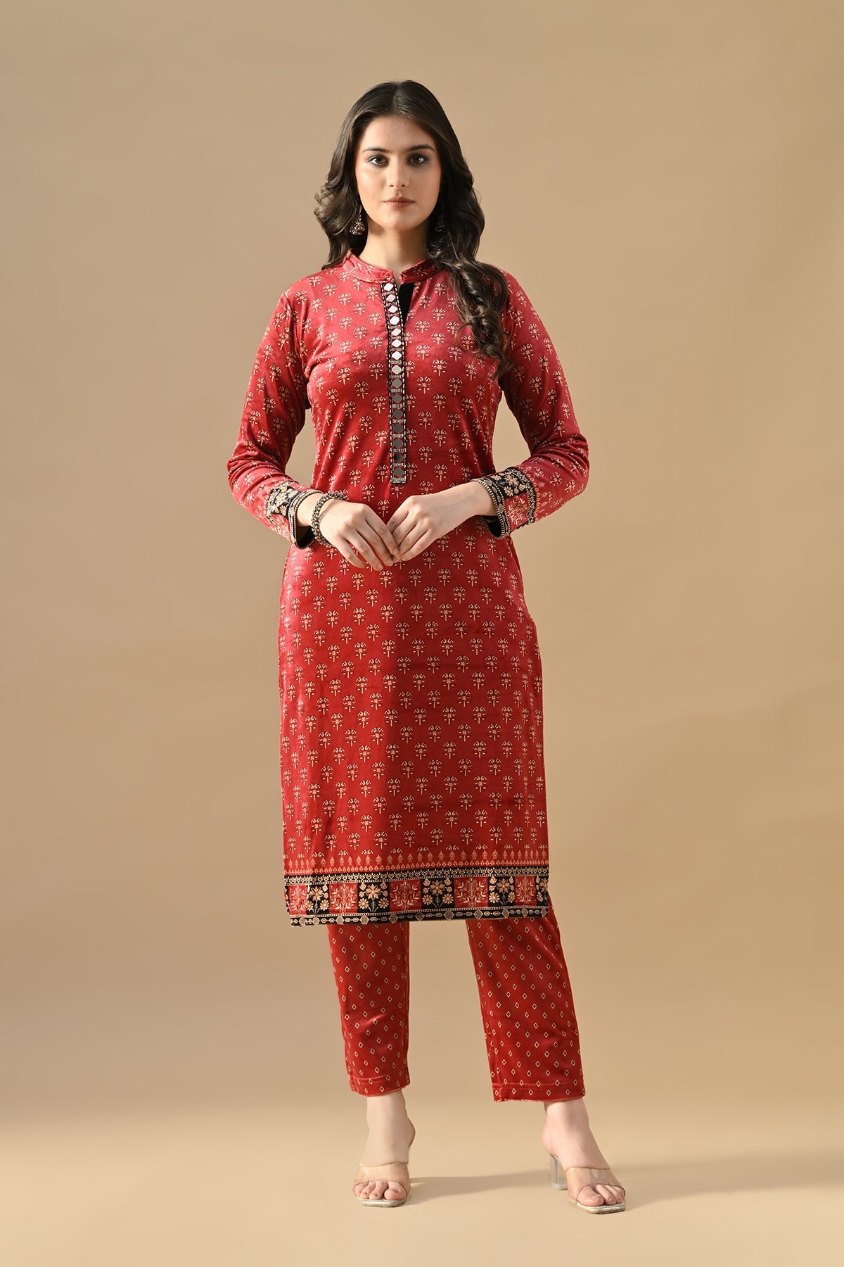 Winter Red Printed Velvet Kurta 3 Pcs Set