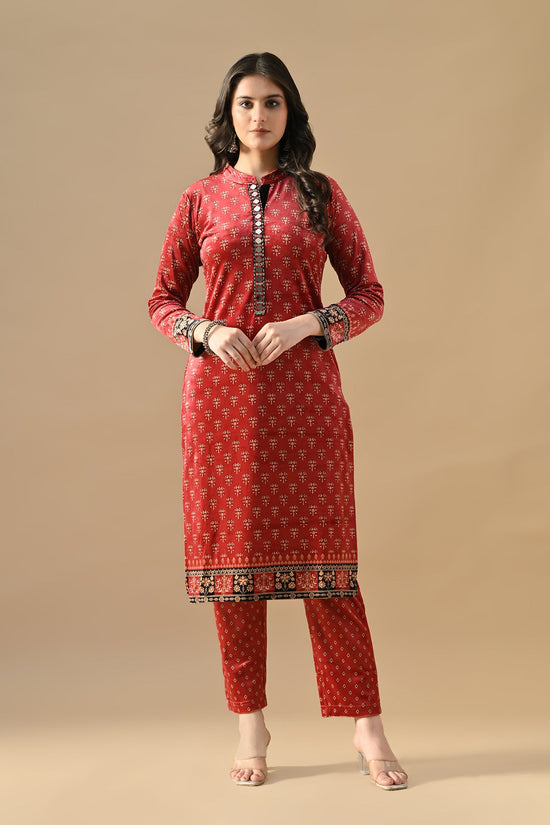 Winter Red Printed Velvet Kurta Set