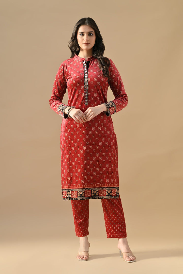 Winter Red Printed Velvet Kurta Set