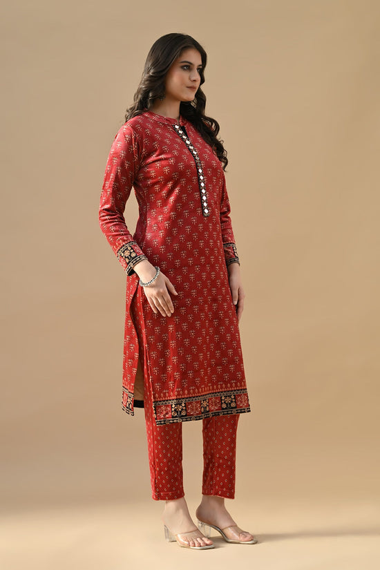 Winter Red Printed Velvet Kurta Set