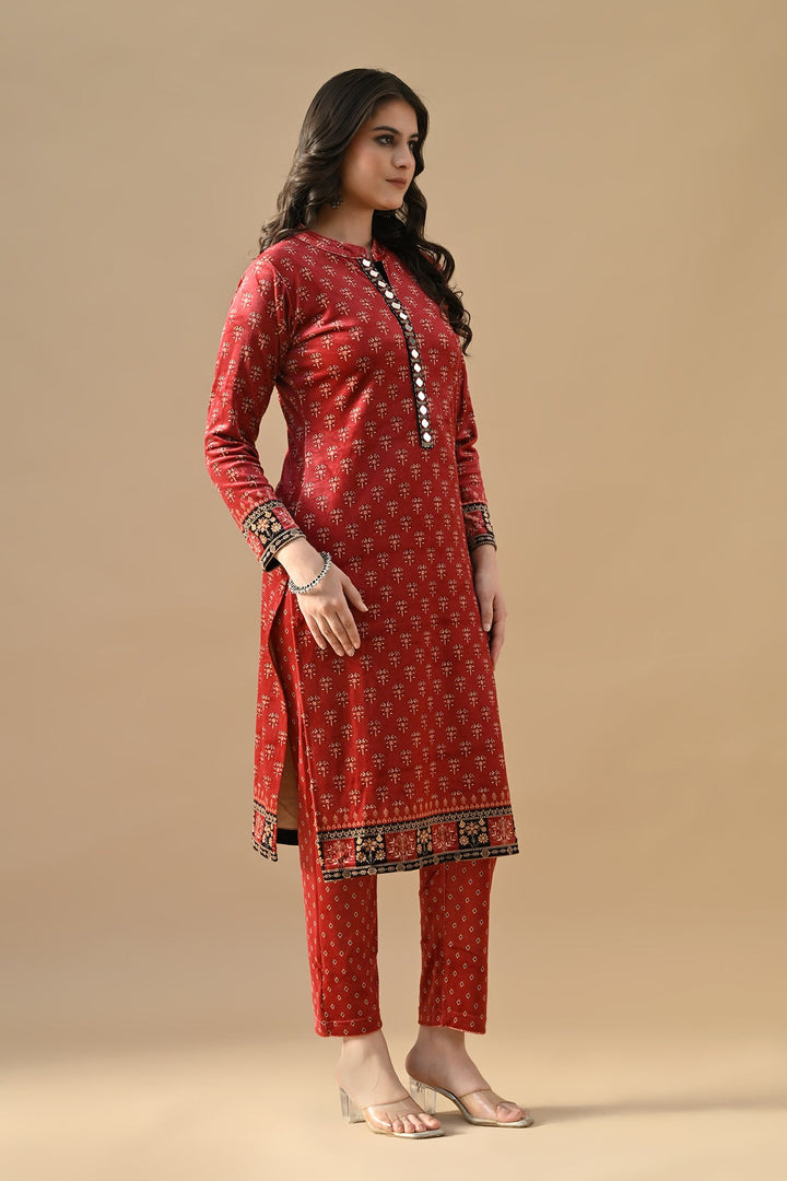 Winter Red Printed Velvet Kurta Set