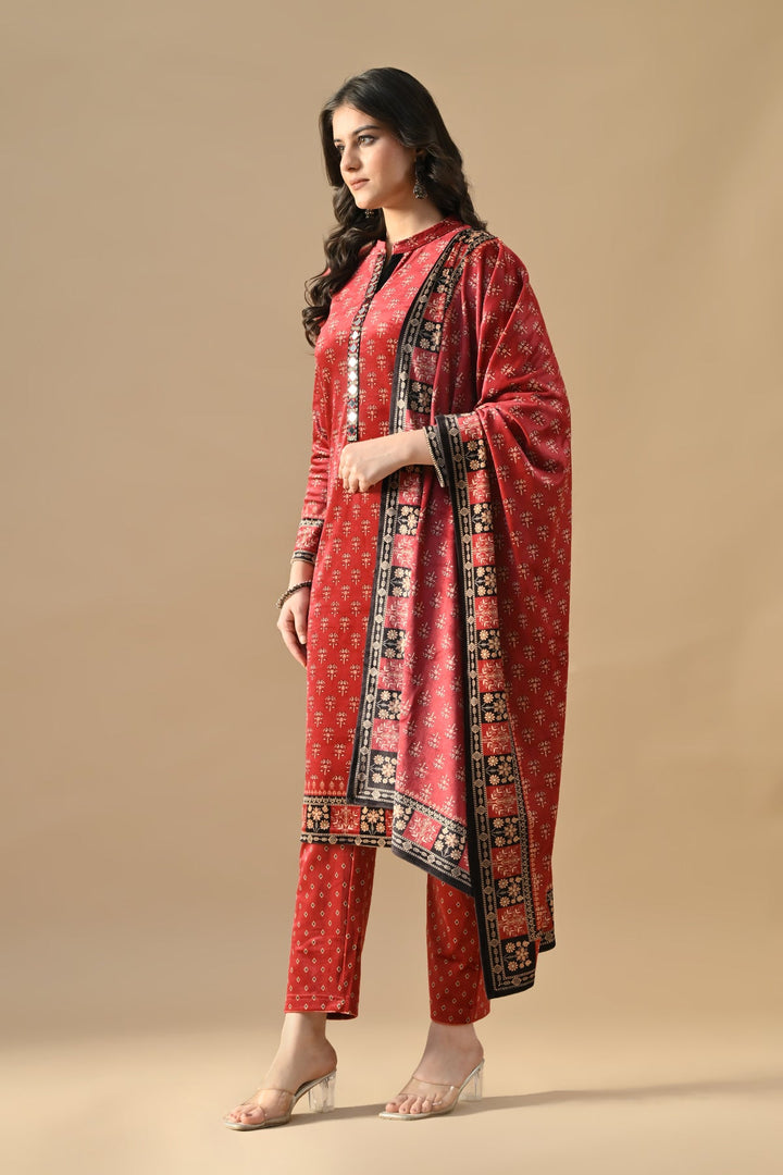 Winter Red Printed Velvet Kurta Set