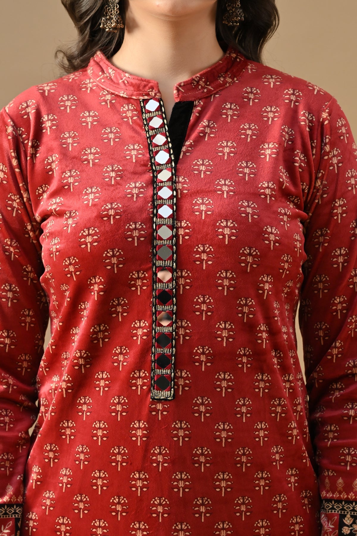 Winter Red Printed Velvet Kurta 3 Pcs Set