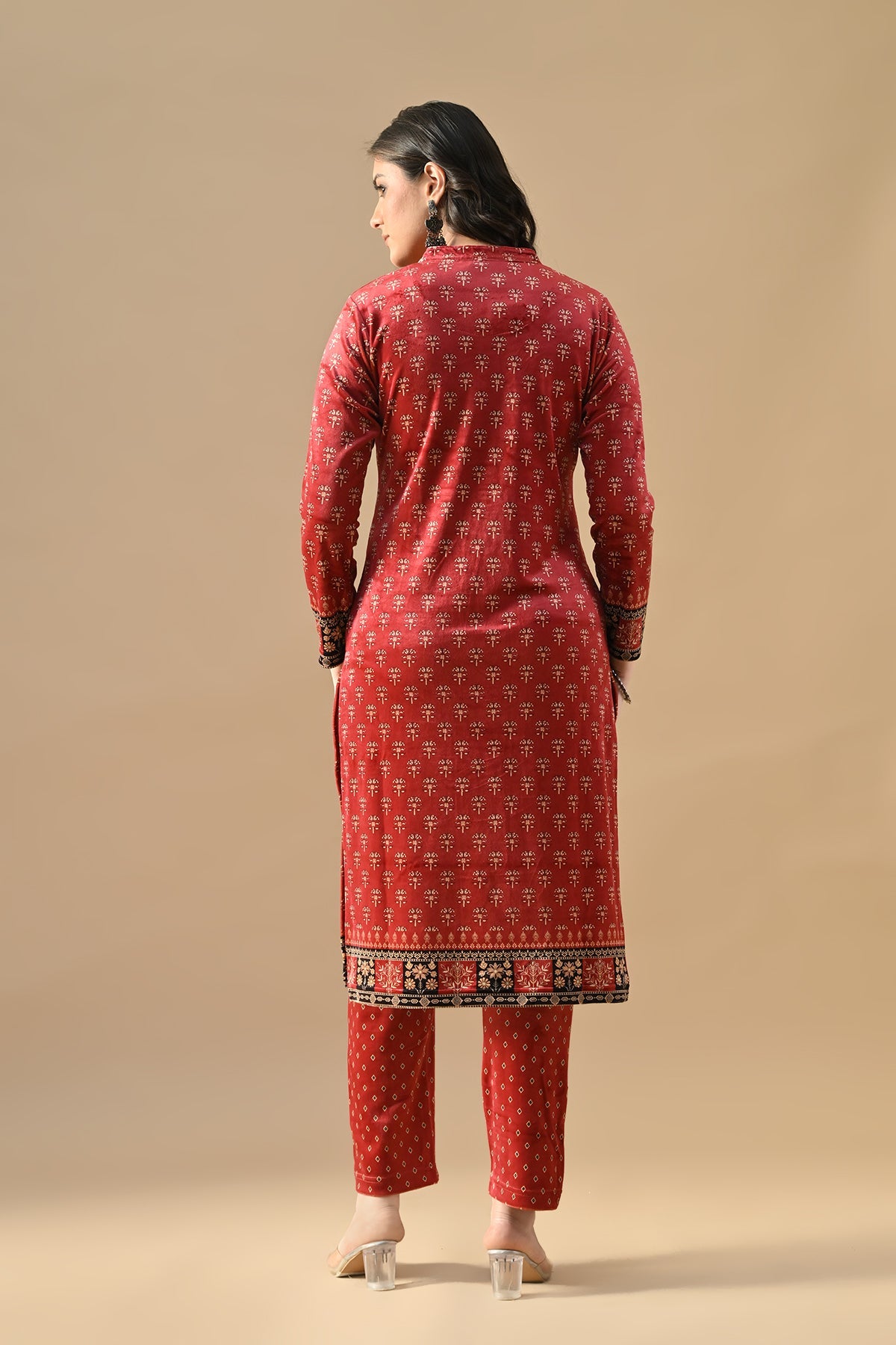 Winter Red Printed Velvet Kurta 3 Pcs Set