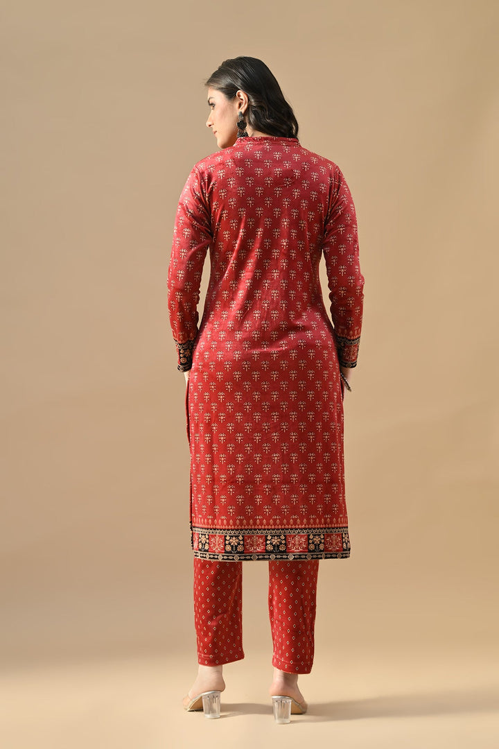 Winter Red Printed Velvet Kurta Set