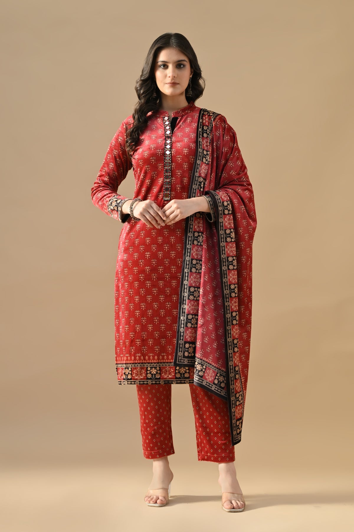 Winter Red Printed Velvet Kurta 3 Pcs Set