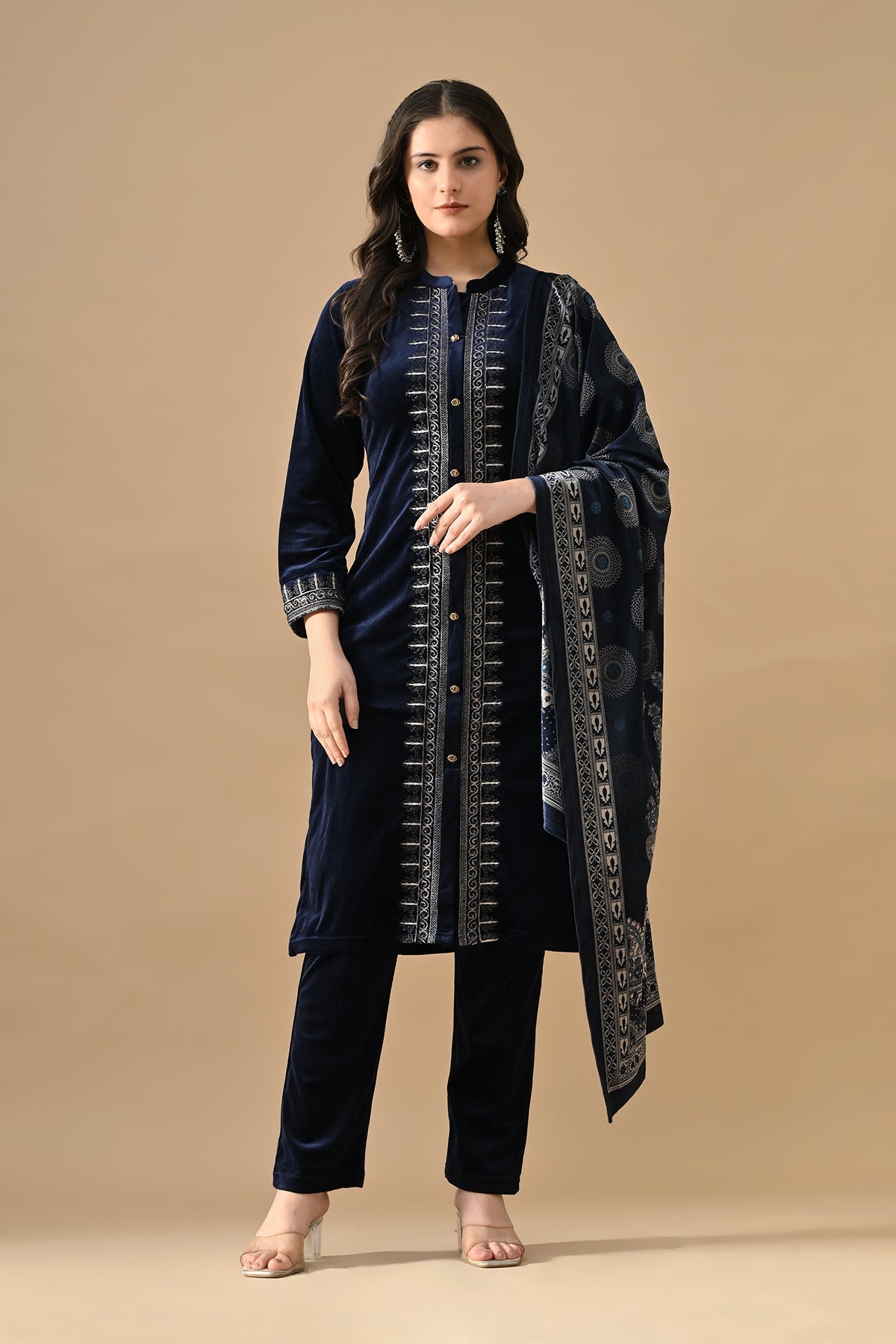 Winter Blue Embroideredred Velvet Kurta 3 Pcs Set