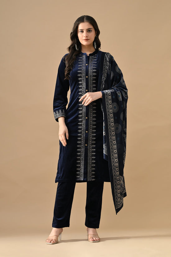 Winter Blue Embroideredred Velvet Kurta 3 Pcs Set
