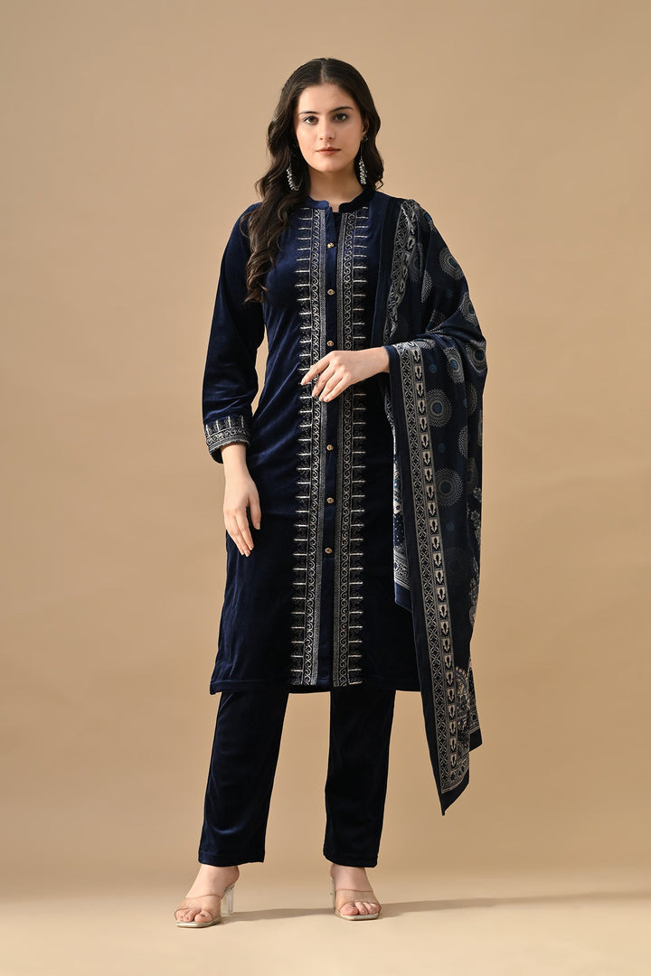 Winter Blue Embroideredred Velvet Kurta Set