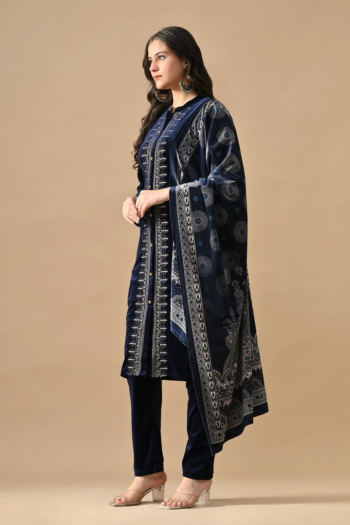 Winter Blue Embroideredred Velvet Kurta Set