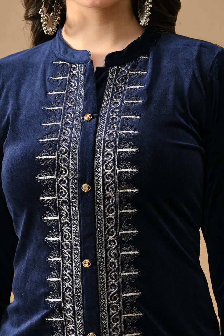 Winter Blue Embroideredred Velvet Kurta Set