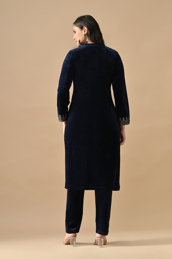 Winter Blue Embroideredred Velvet Kurta Set