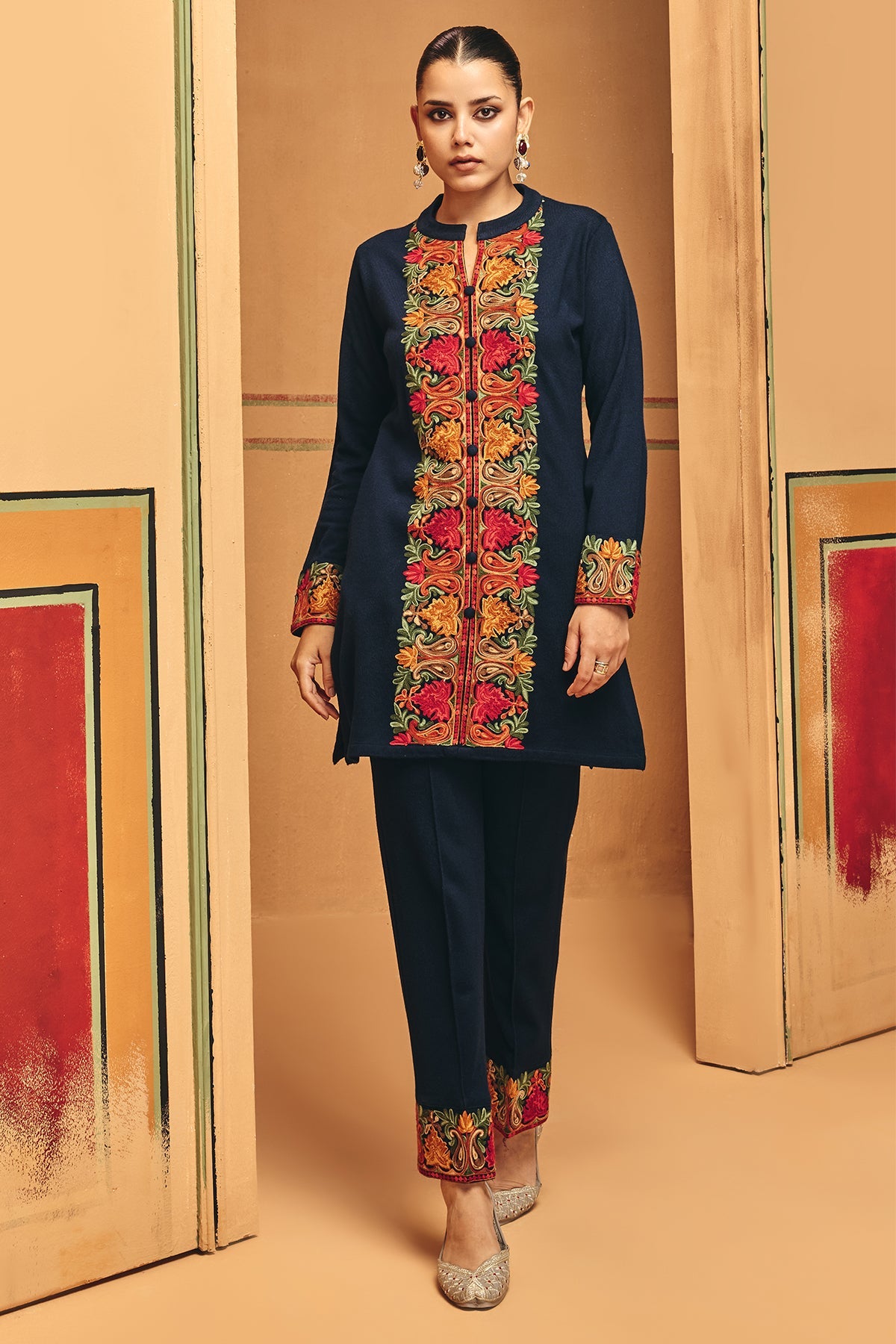 Winter Black Embroideredred Ethnic Motifs Co-Ord Set