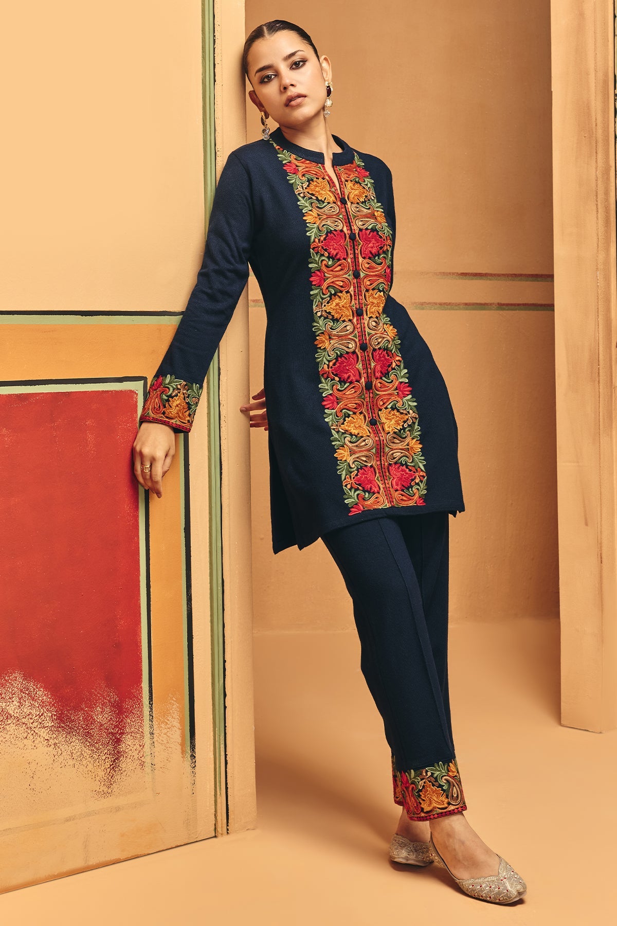 Winter Black Embroideredred Ethnic Motifs Co-Ord Set