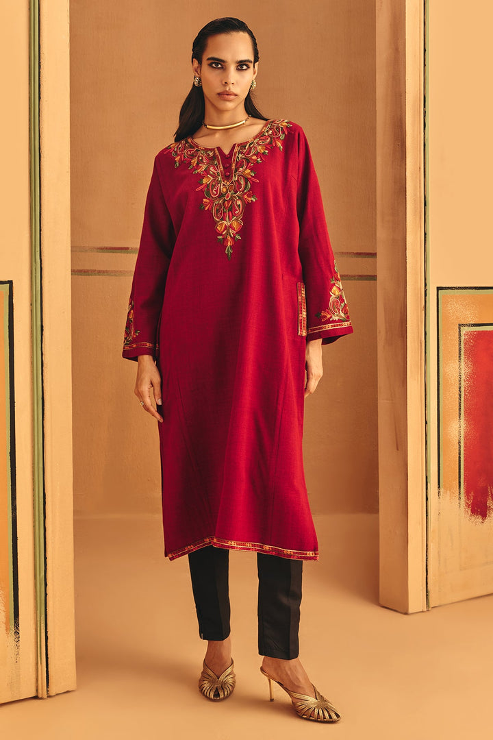 Winter Red Embroideredred Ethnic Motifs Woven Phiran