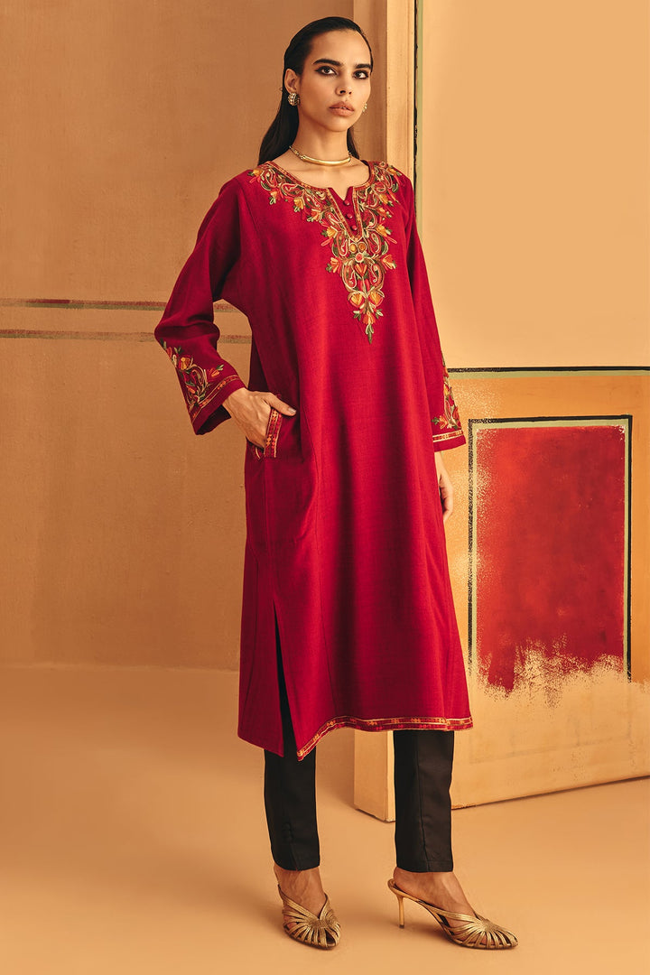 Winter Red Embroideredred Ethnic Motifs Woven Phiran