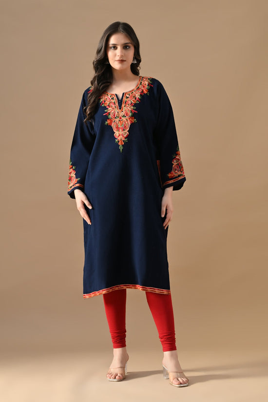 Winter Blue Embroideredred Ethnic Motifs Woven Phiran