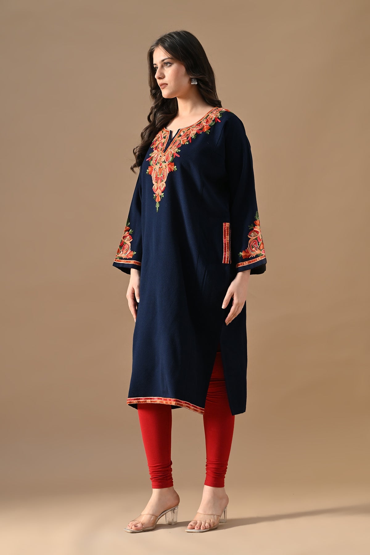 Winter Blue Embroideredred Ethnic Motifs Woven Phiran