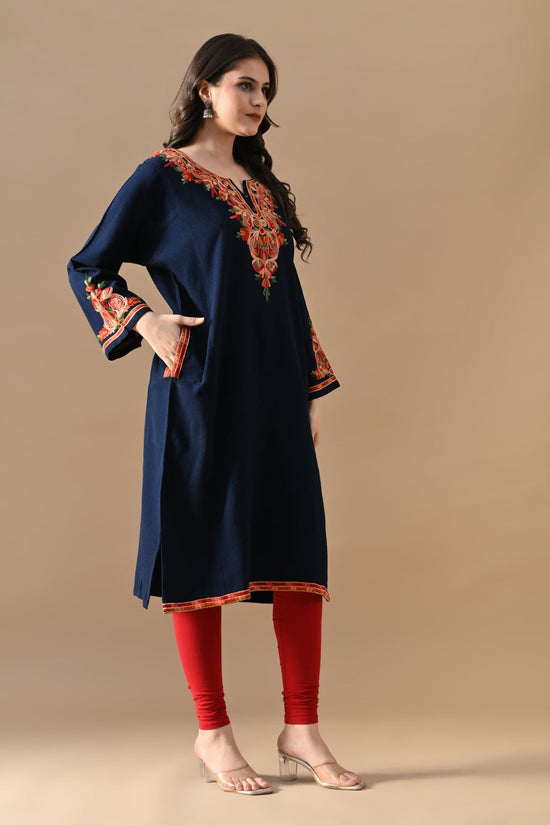 Winter Blue Embroideredred Ethnic Motifs Woven Phiran