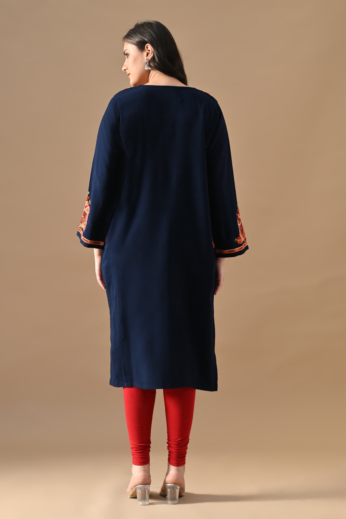 Winter Blue Embroideredred Ethnic Motifs Woven Phiran