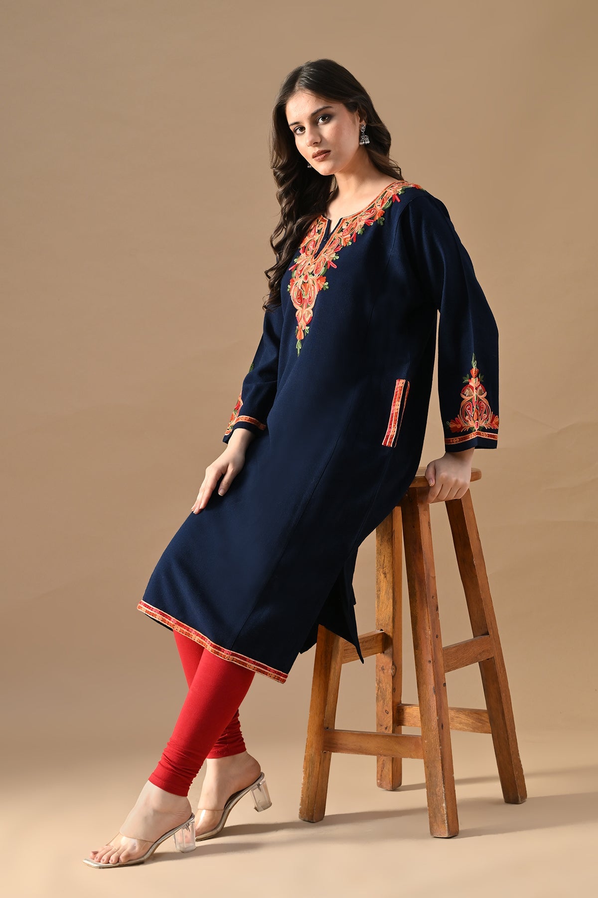 Winter Blue Embroideredred Ethnic Motifs Woven Phiran