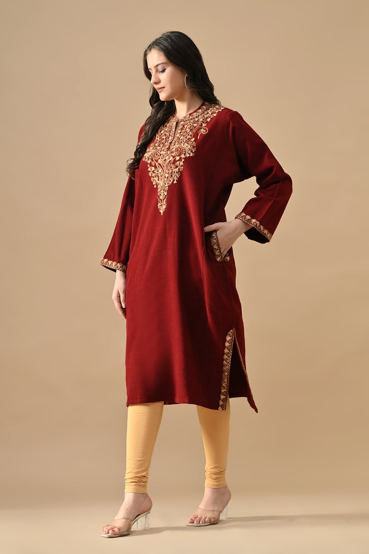 Winter Maroon Embroideredred Ethnic Motifs Woven Phiran