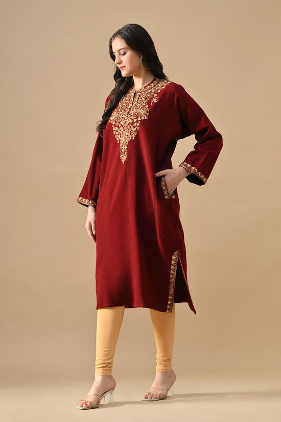 Winter Maroon Embroideredred Ethnic Motifs Woven Phiran