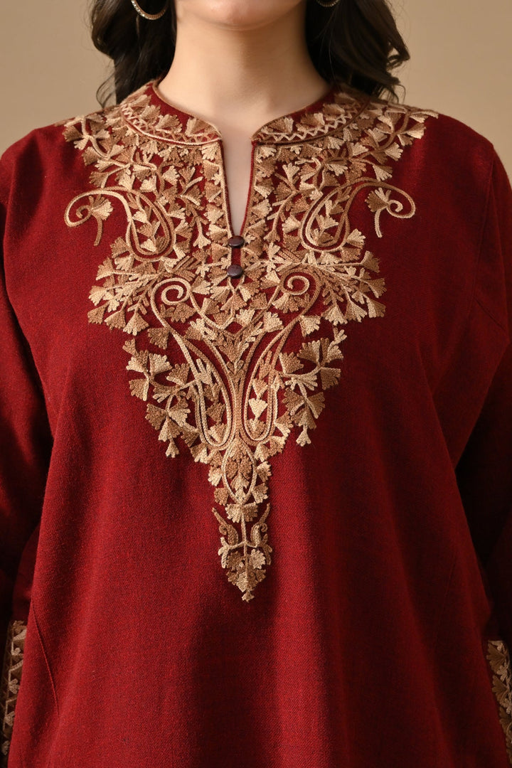 Winter Maroon Embroideredred Ethnic Motifs Woven Phiran