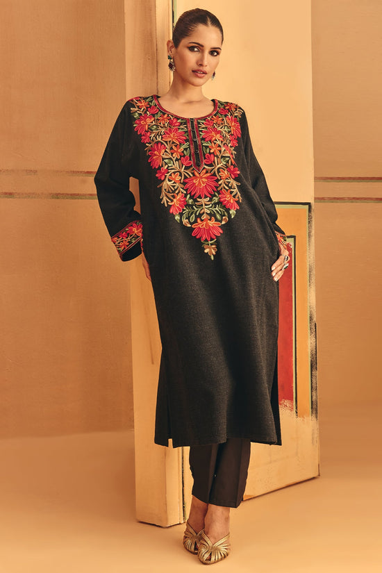 Winter Grey Embroideredred Ethnic Motifs Woven Phiran