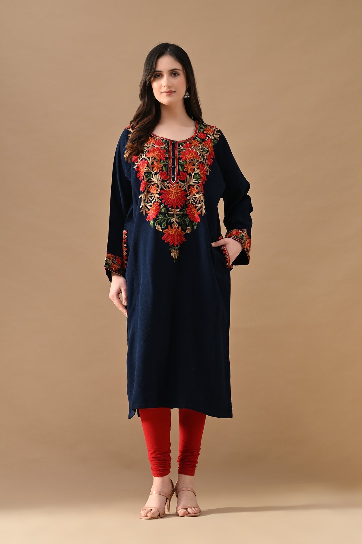 Winter Blue Embroideredred Ethnic Motifs Woven Phiran