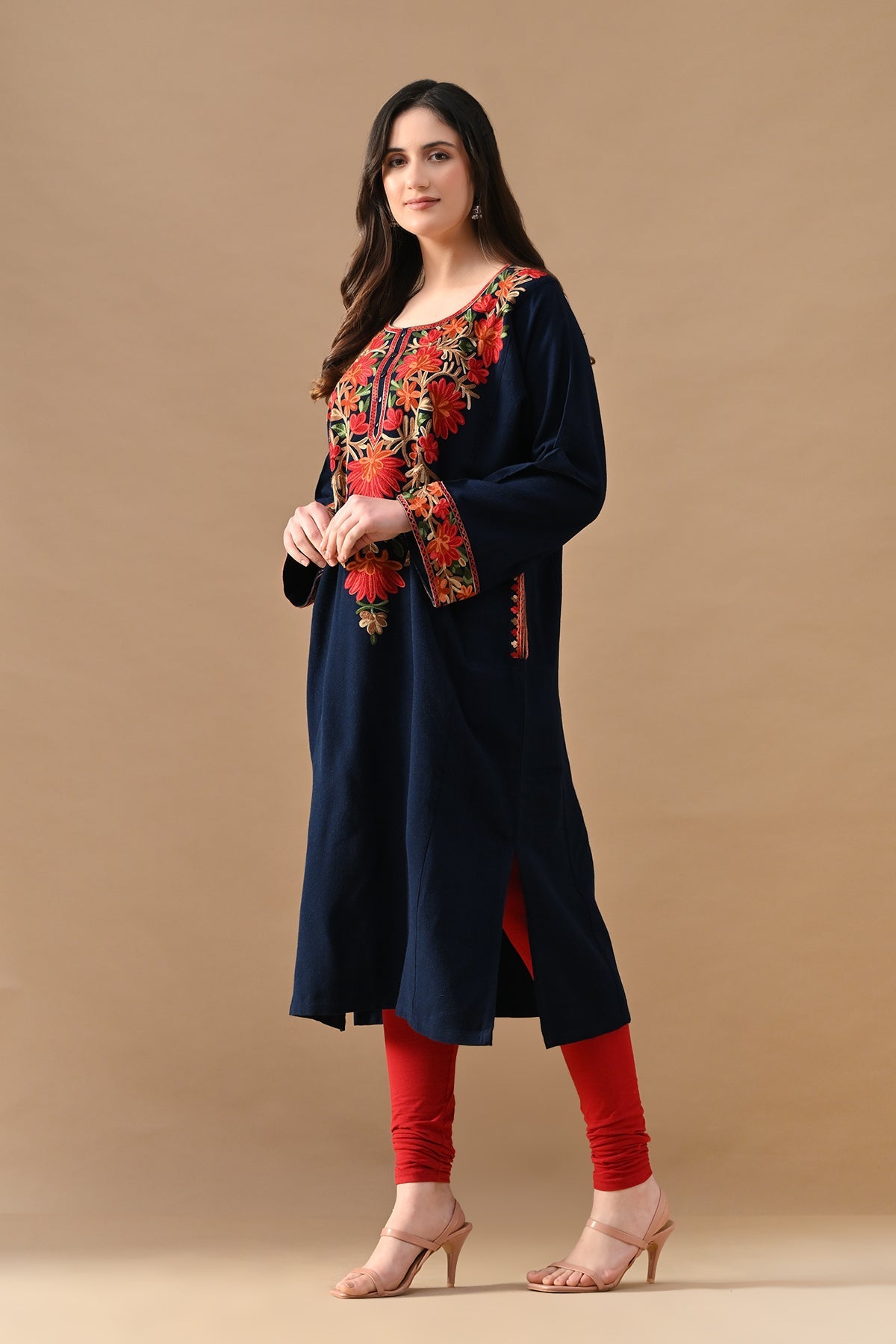 Winter Blue Embroideredred Ethnic Motifs Woven Phiran