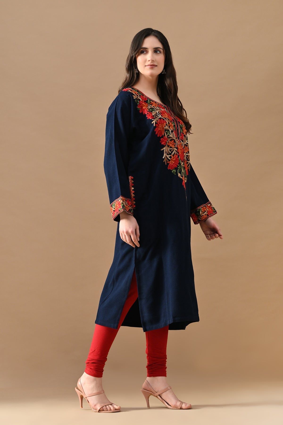 Winter Blue Embroideredred Ethnic Motifs Woven Phiran