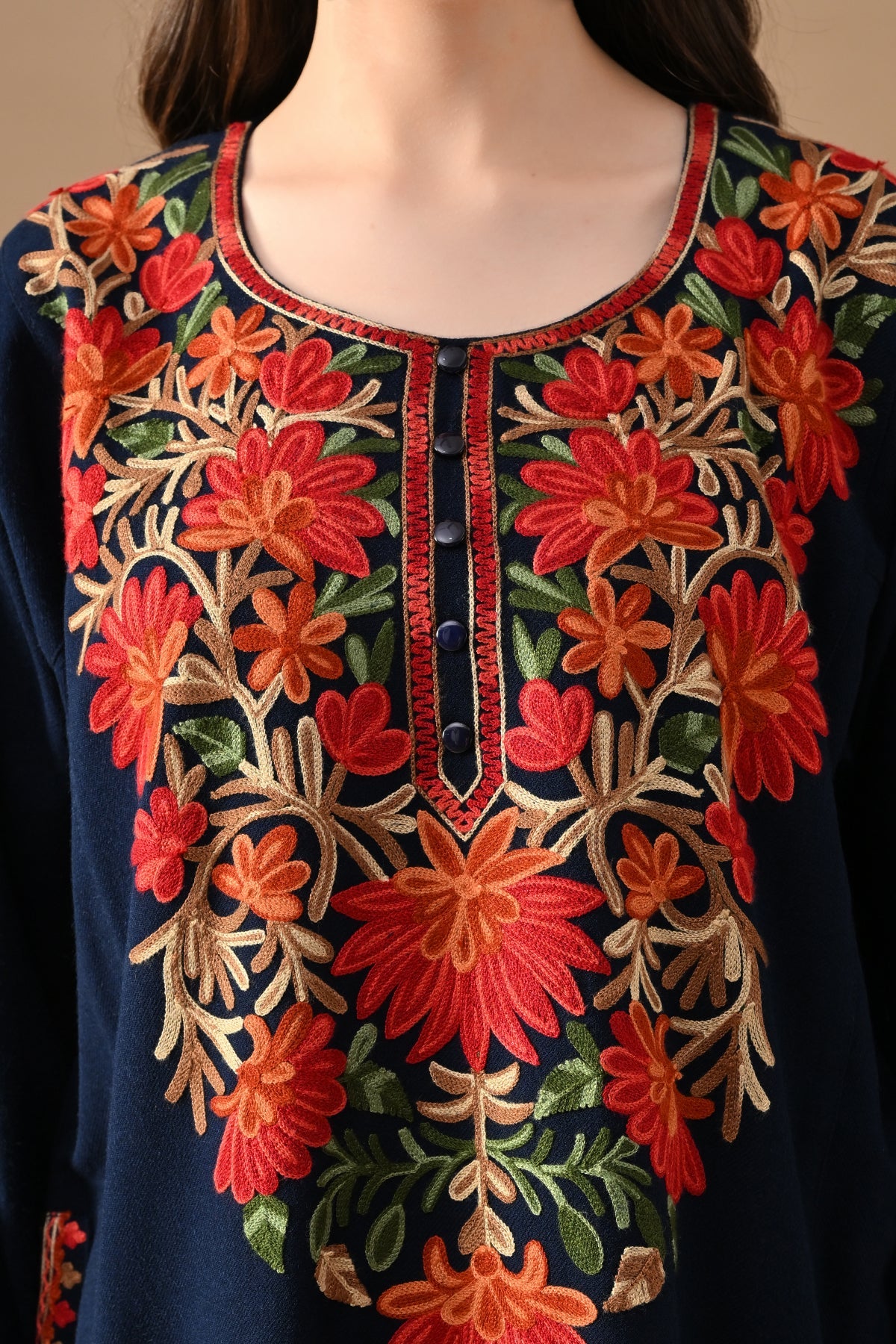 Winter Blue Embroideredred Ethnic Motifs Woven Phiran